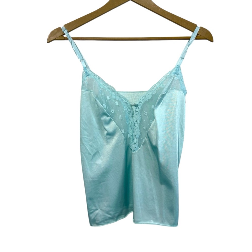 Vintage Vanity Fair Size 34 Teal Blue Satin Lace Lingerie Cami Top Dainty